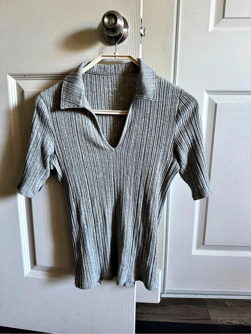 EVERLANE The Rib Soft Knit Open Collar Polo Gray